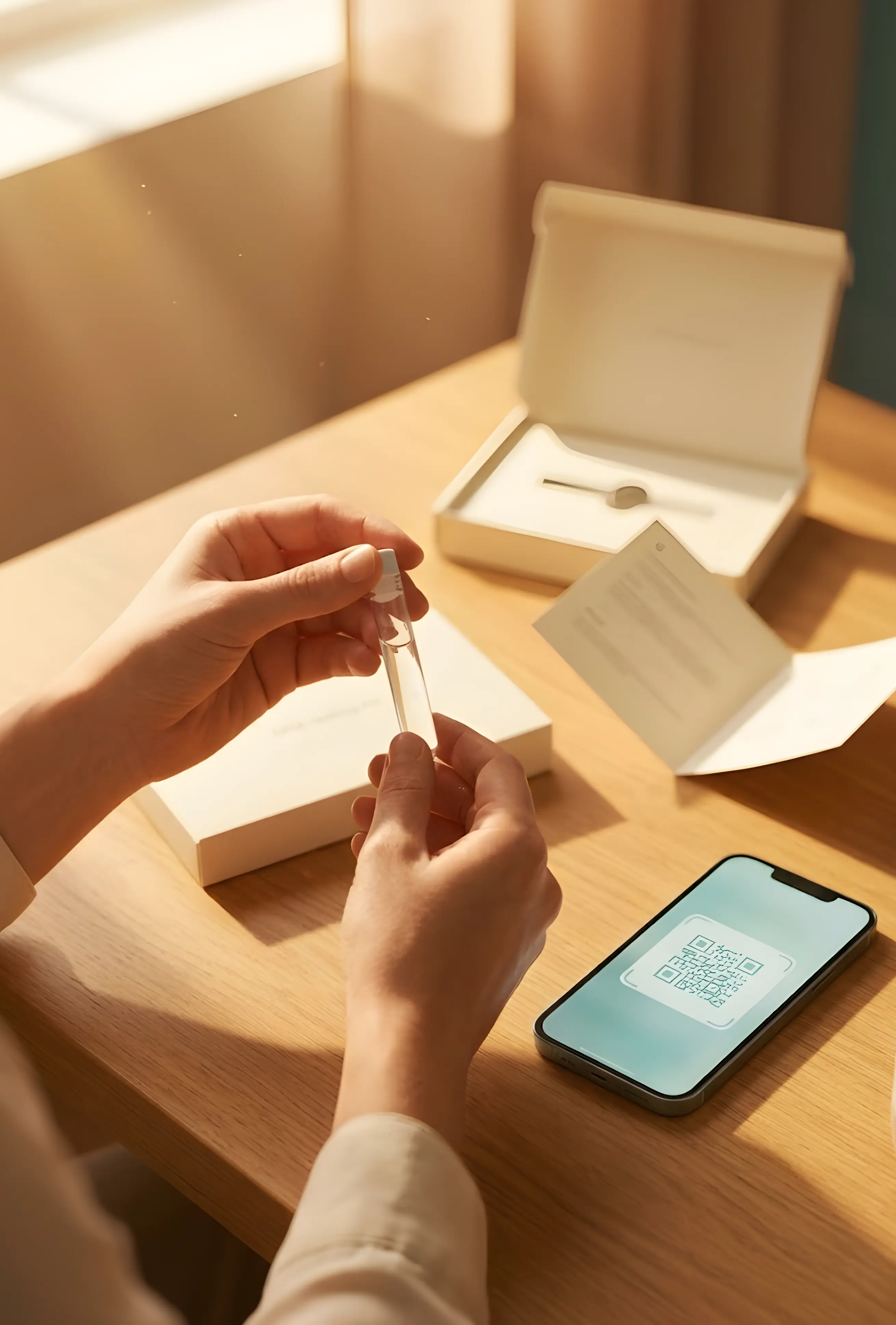 Hands holding a DNA test vial alongside a cream kit box and a phone with a QR scanner