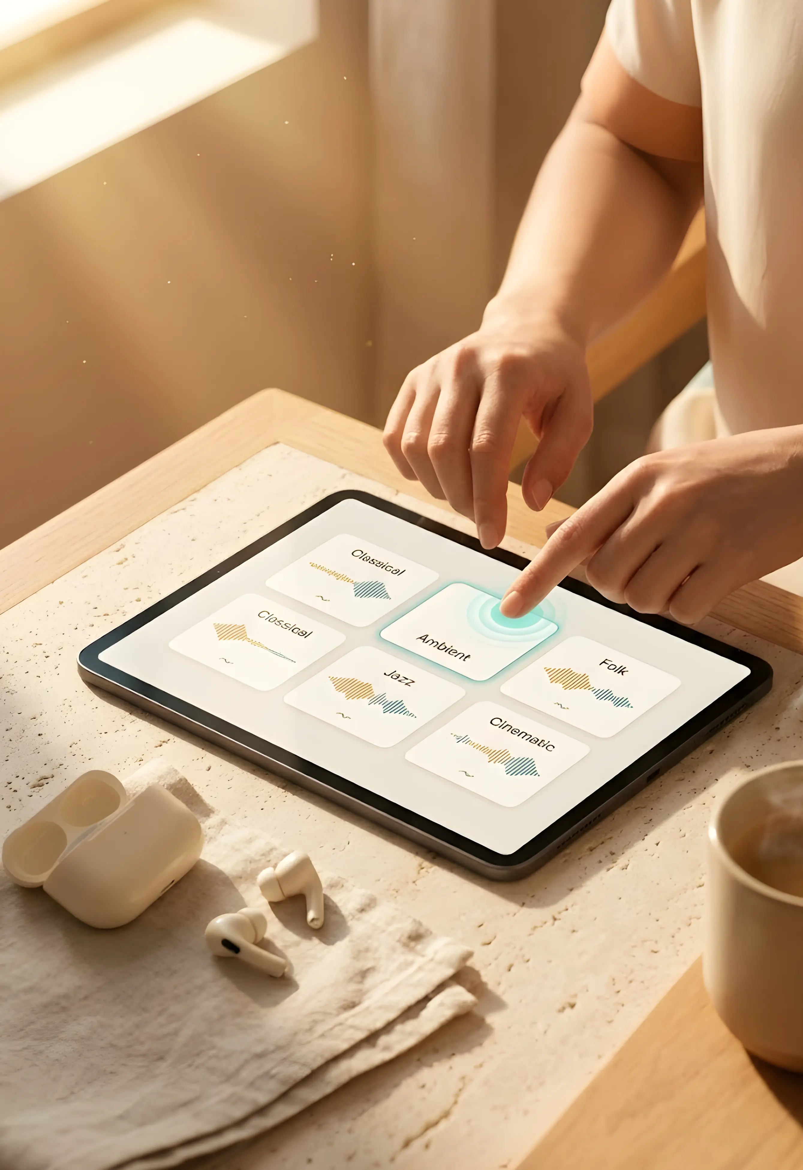 Hands selecting a musical genre on a tablet displaying a minimalist genre picker