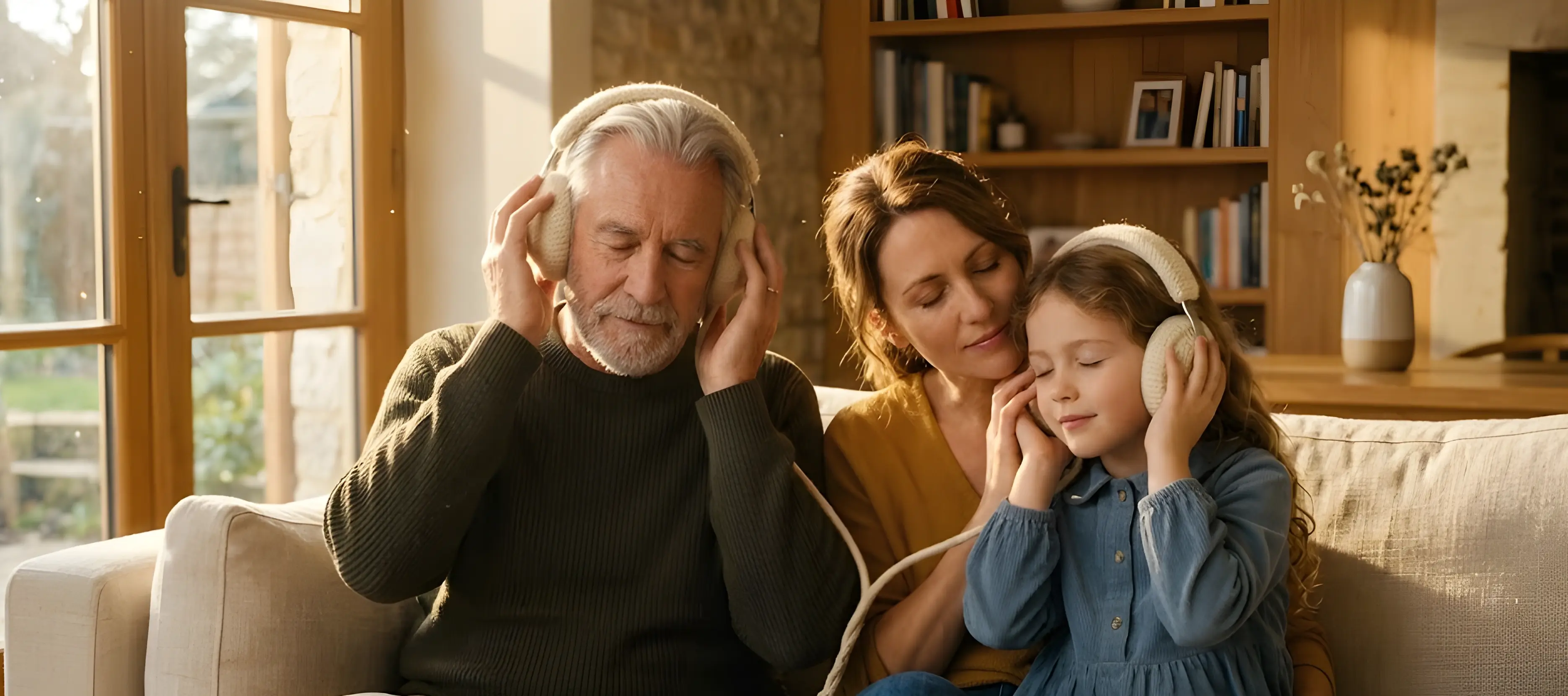 Three generations sharing a pair of cream wool headphones