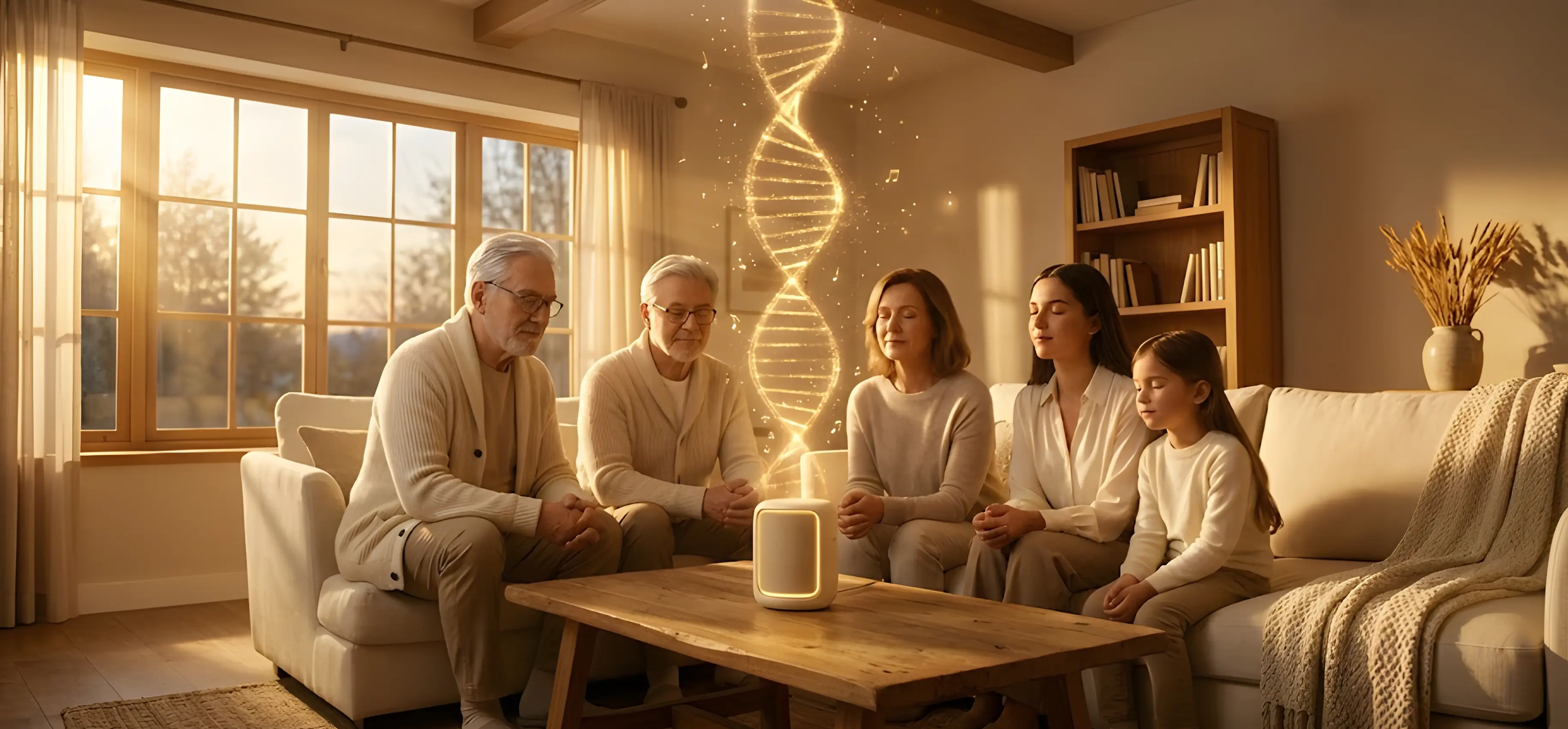 Multi-generational family gathered around a cream ceramic speaker at golden hour, a luminous golden DNA helix rising from the speaker