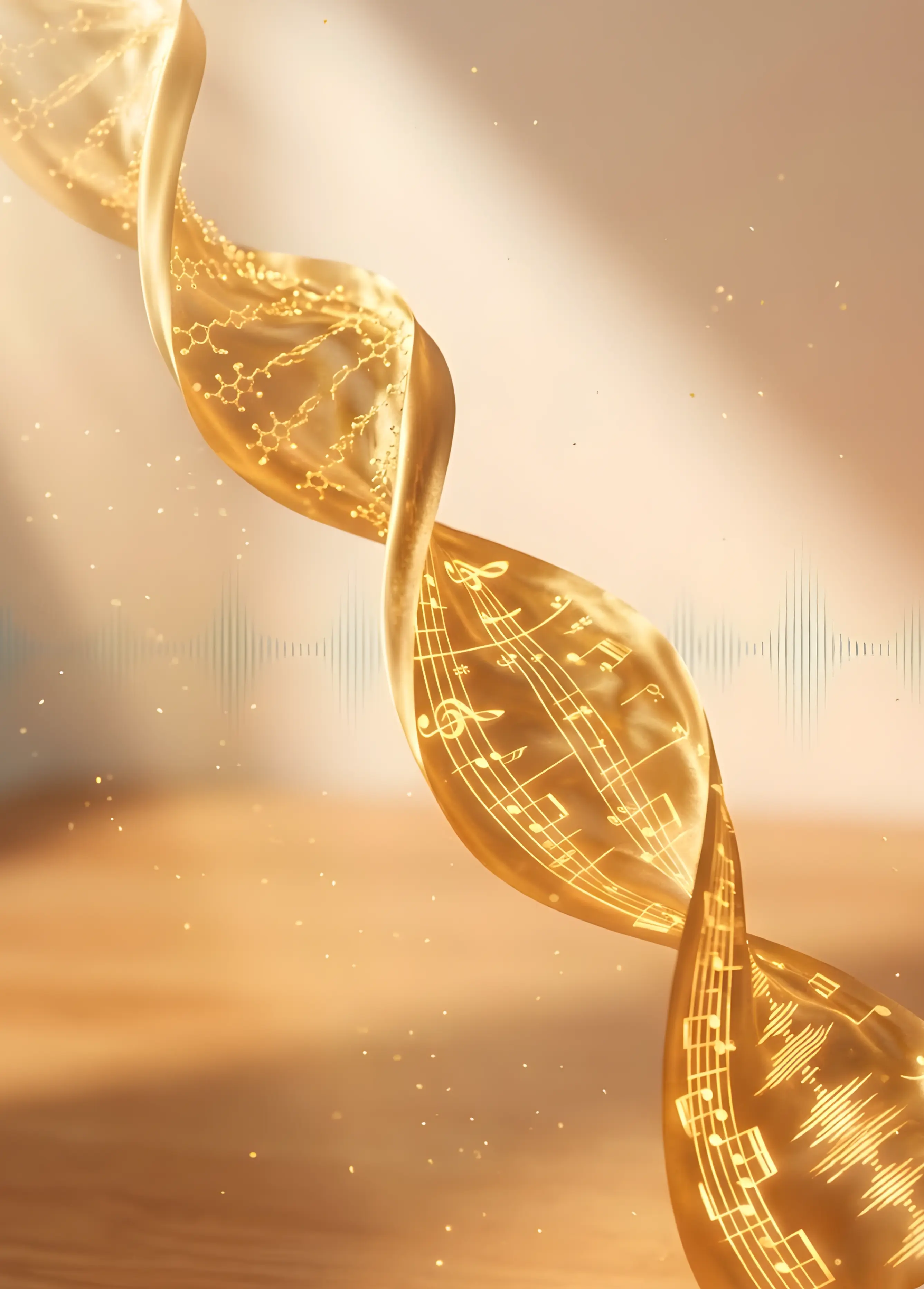 A luminous golden DNA helix flowing and transforming into musical notation