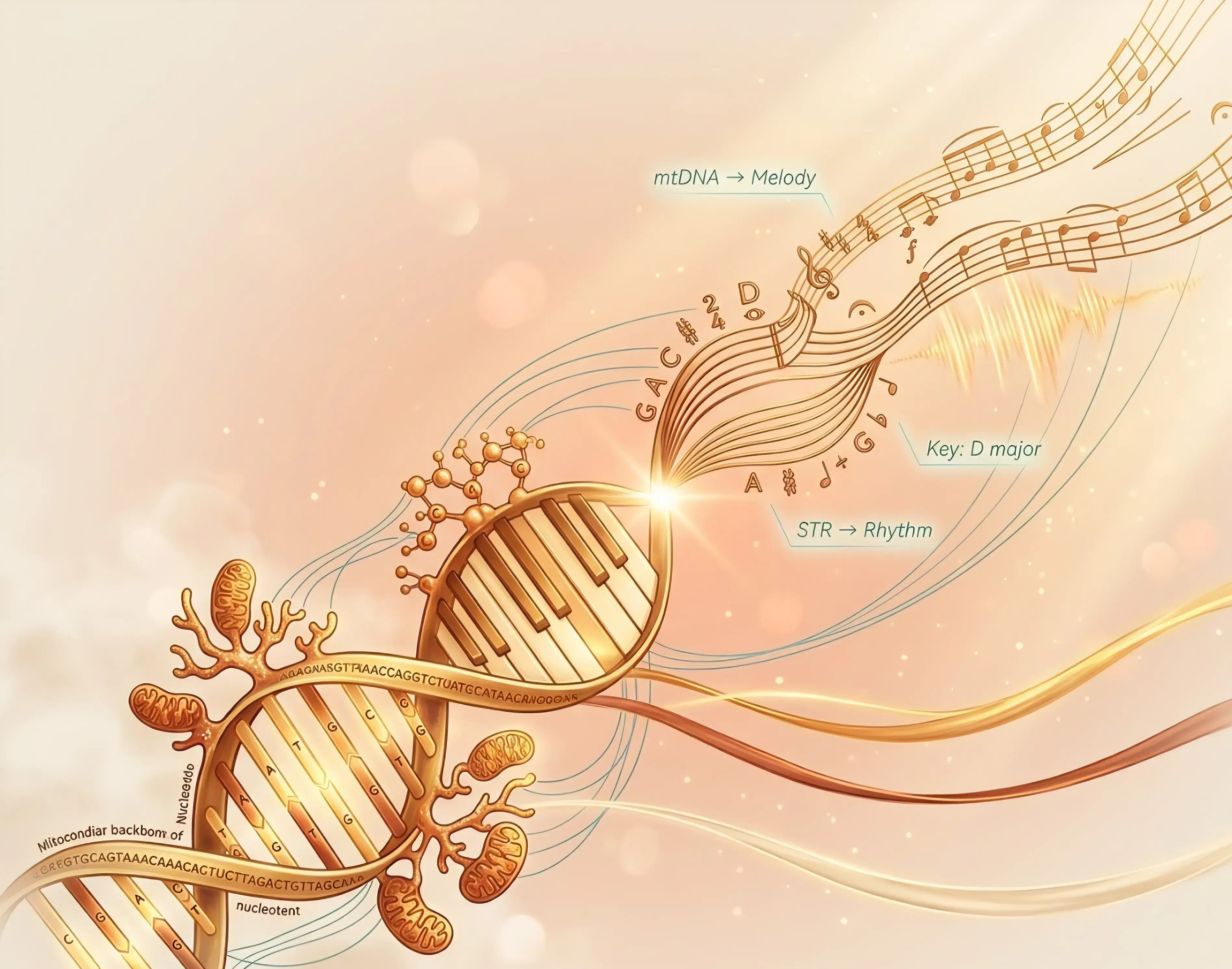 Golden DNA double helix with piano keys and musical notation showing the transformation from genetic code to composition