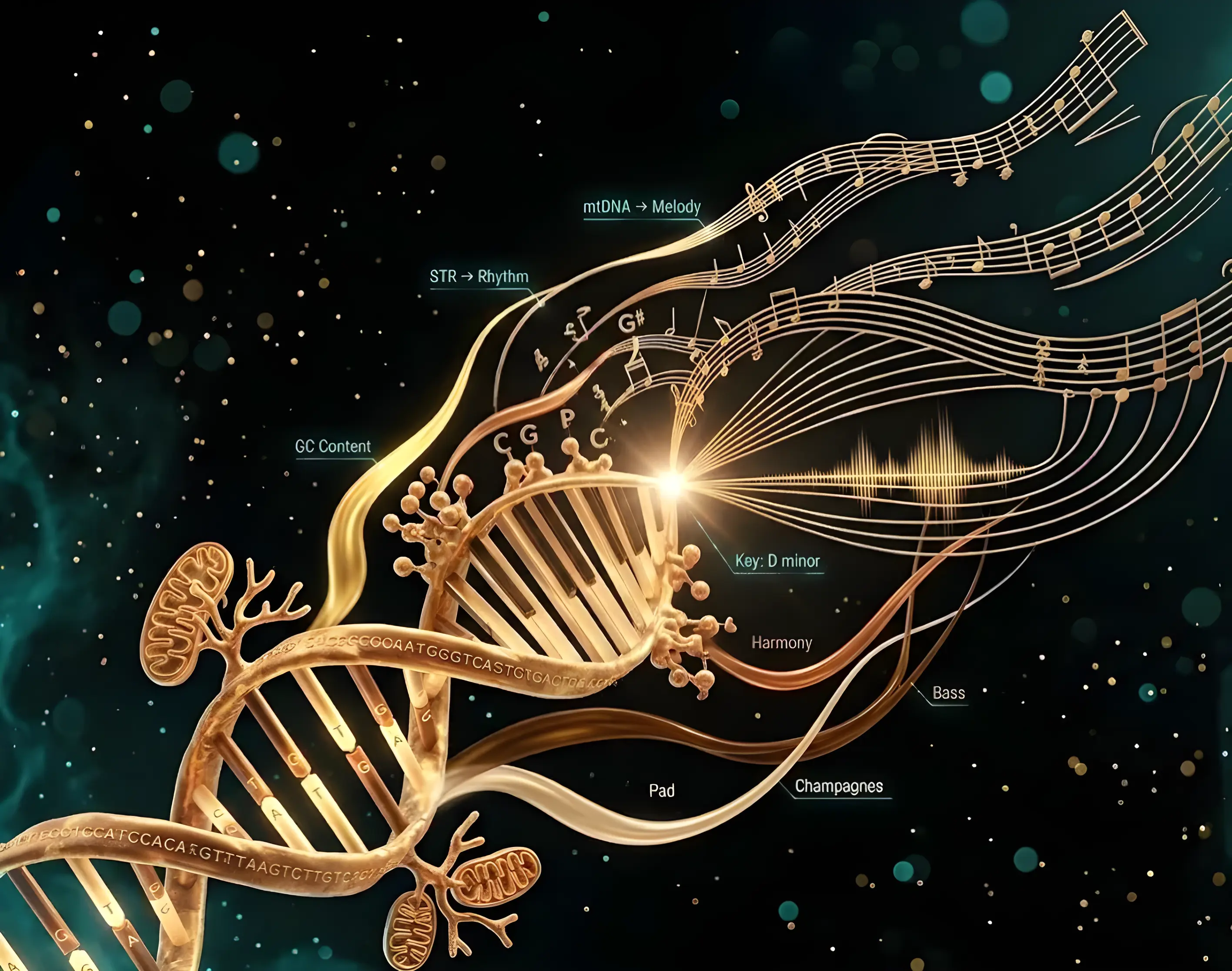 Golden DNA double helix with musical notes woven through its strands