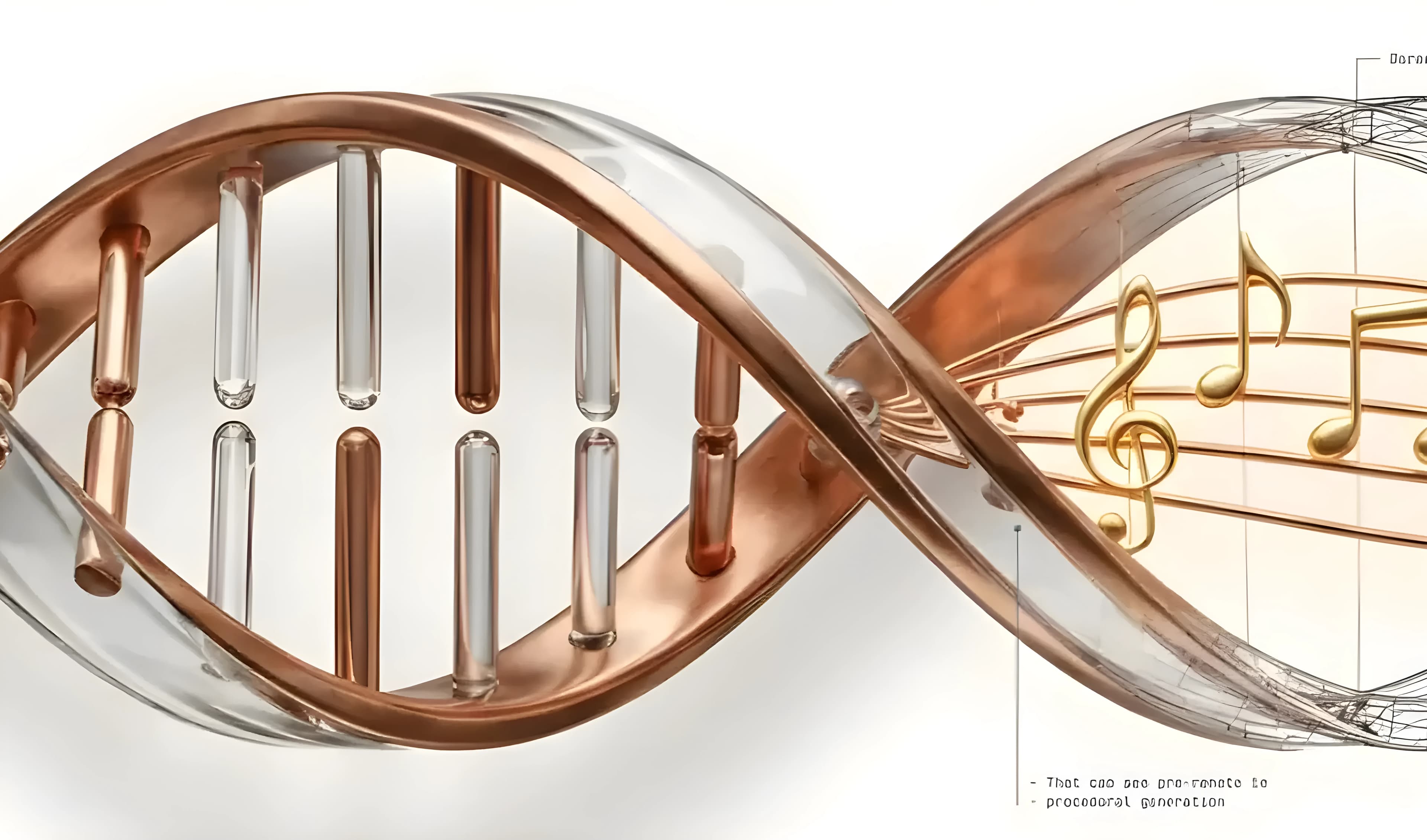 Copper and glass DNA double helix with golden musical notes and notation flowing through its strands