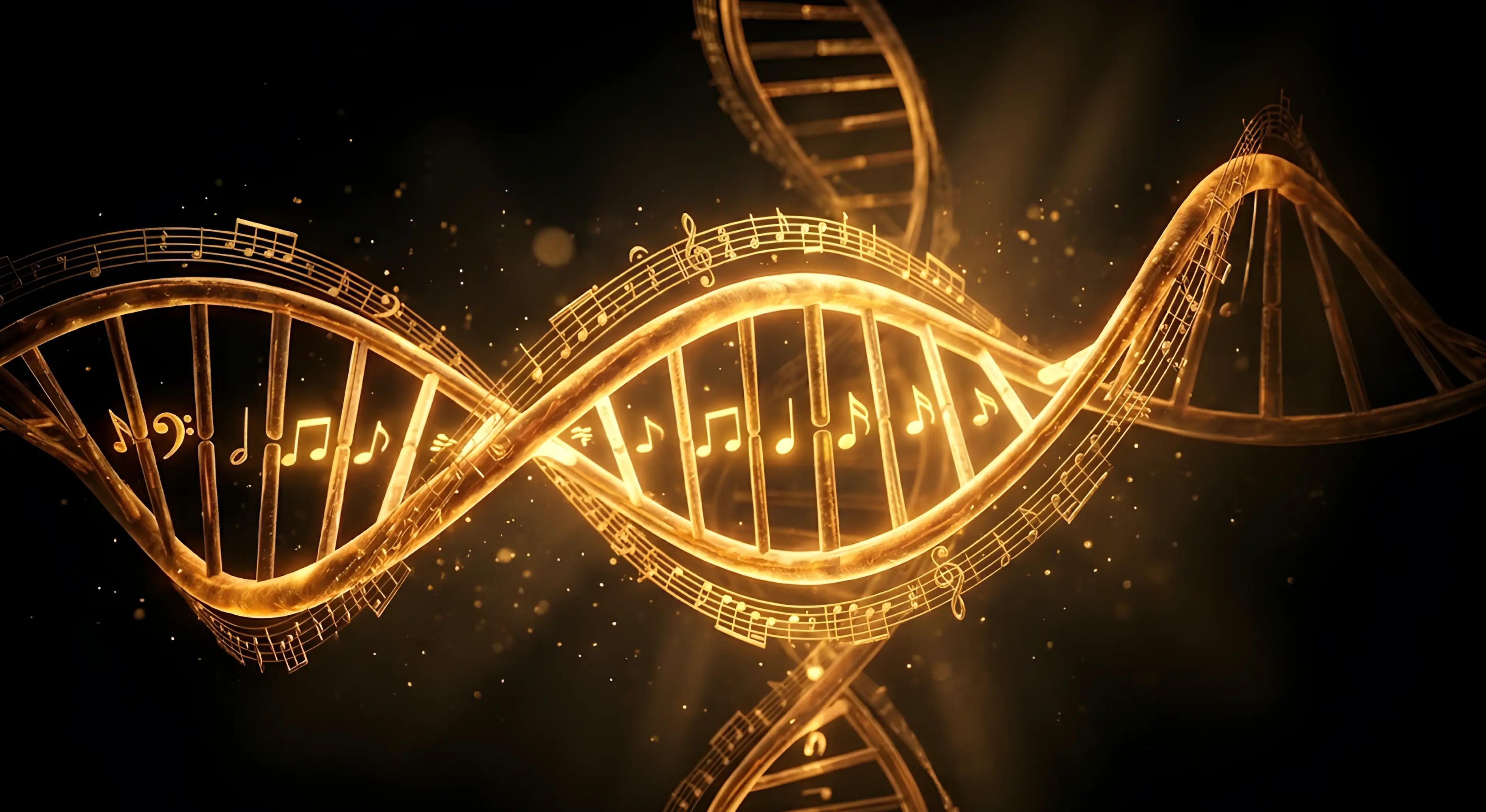 Golden DNA double helix glowing in darkness with embedded musical notation