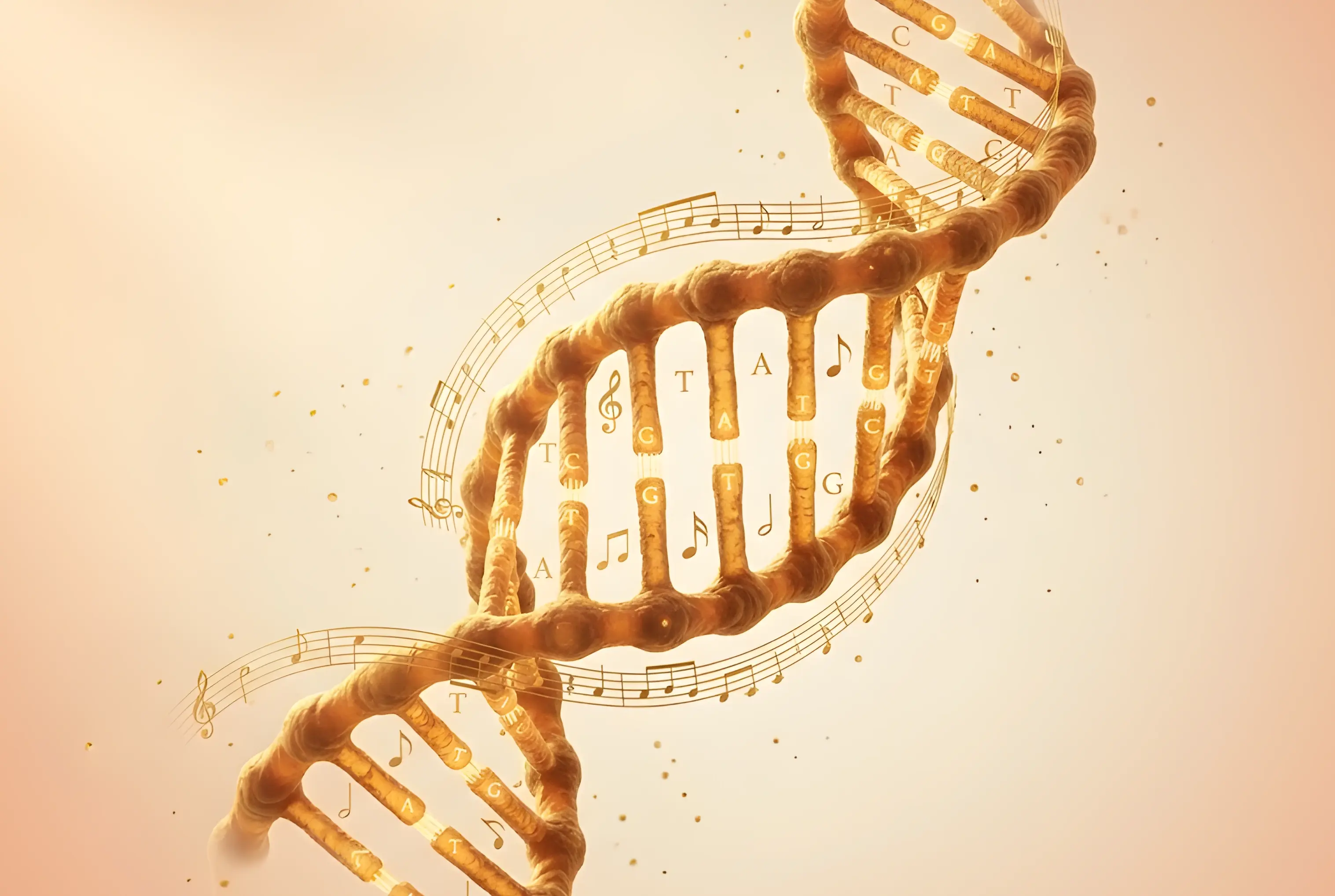 Warm honey-gold DNA double helix with A, T, G, C base pairs