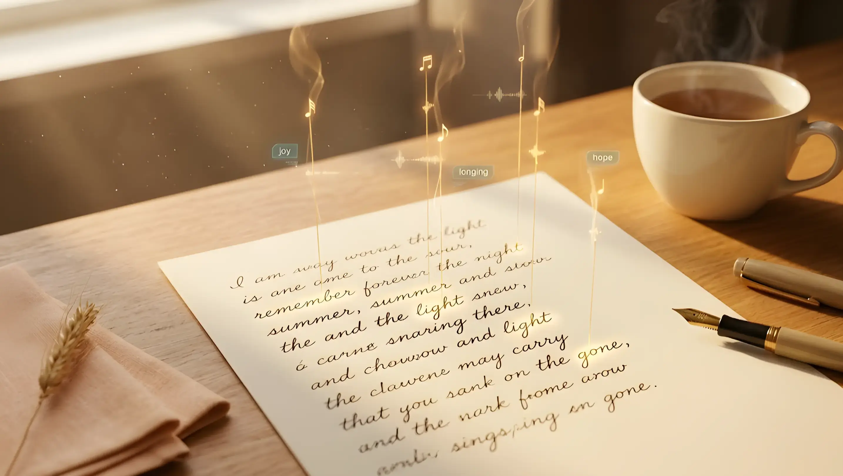 A handwritten poem on cream paper beside a cup of tea, golden threads rising from the words and turning into musical notation