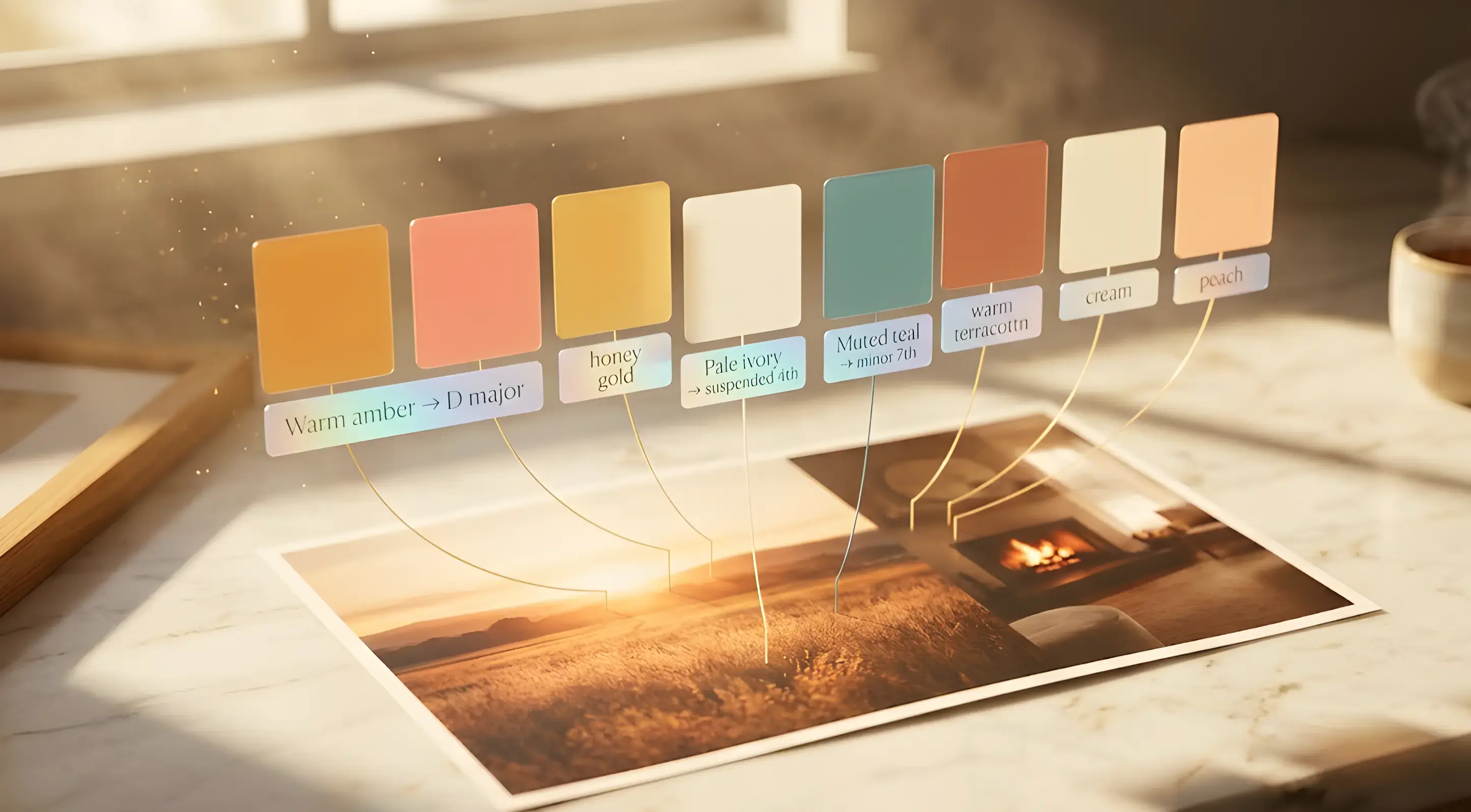 A warm-toned photograph on cream marble with floating translucent color swatch cards being extracted above it