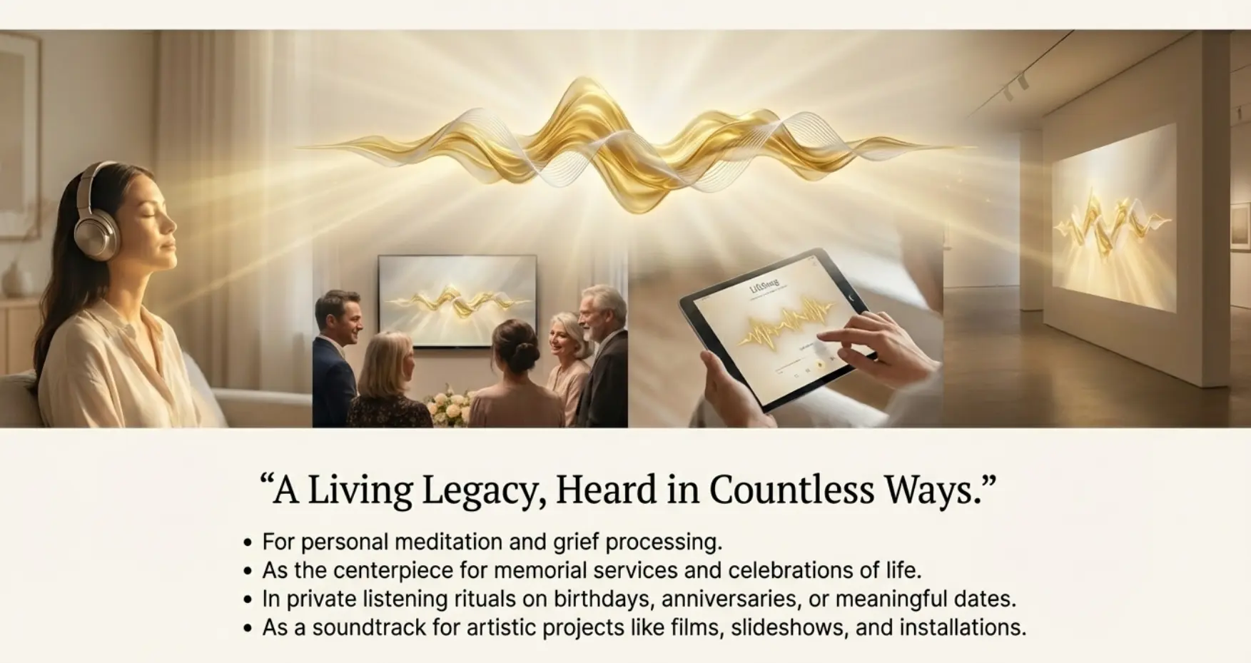 A living legacy — woman listening with headphones, gallery exhibition of DNA waveforms, and interactive tablet experience