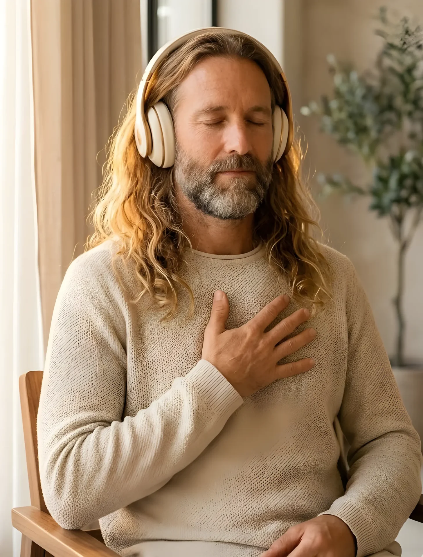 A man with long hair and headphones, eyes closed, hand on heart, listening to his Life's Song